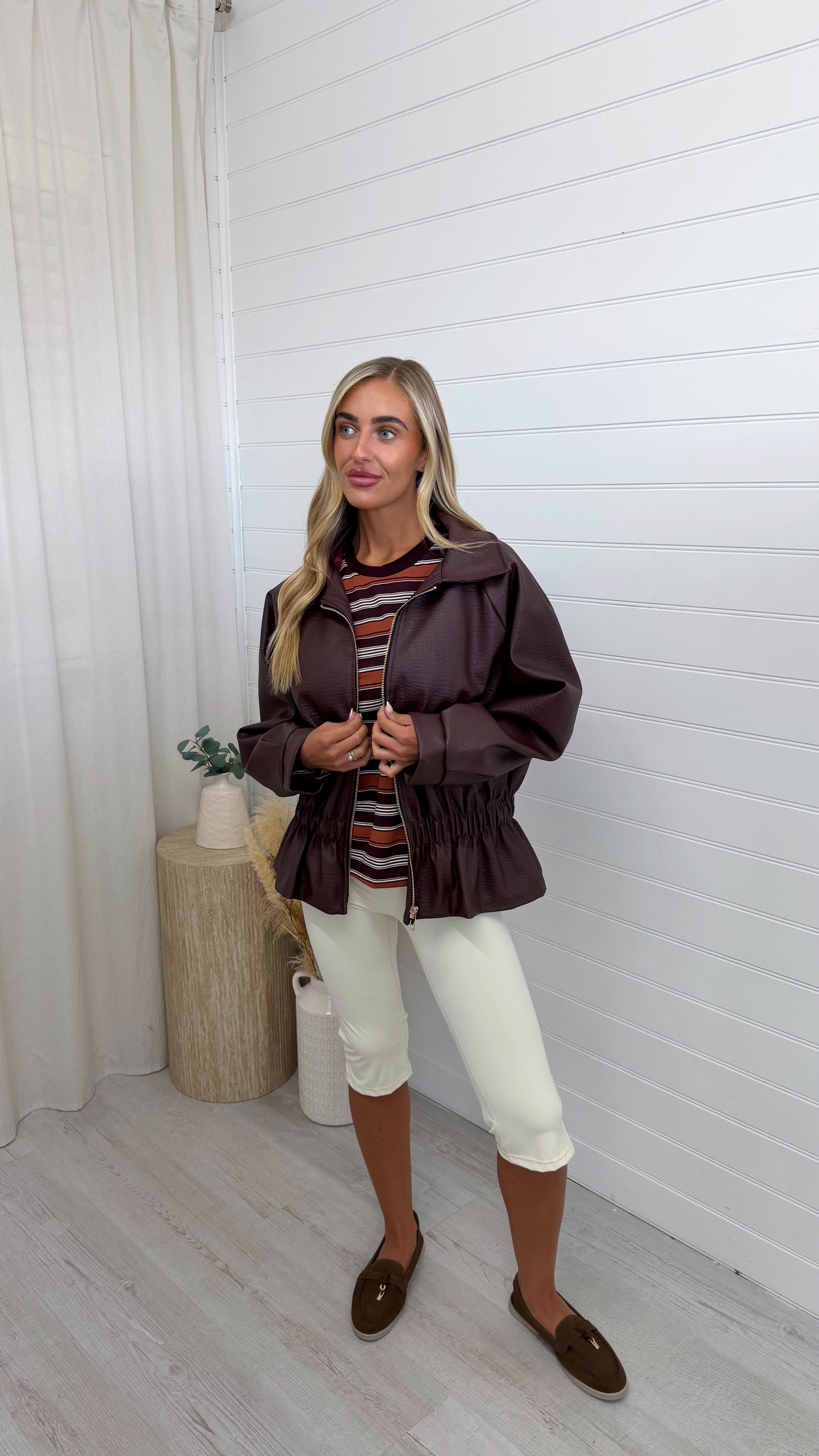 Cinch Waist Peplum Leather Jacket - BURGUNDY