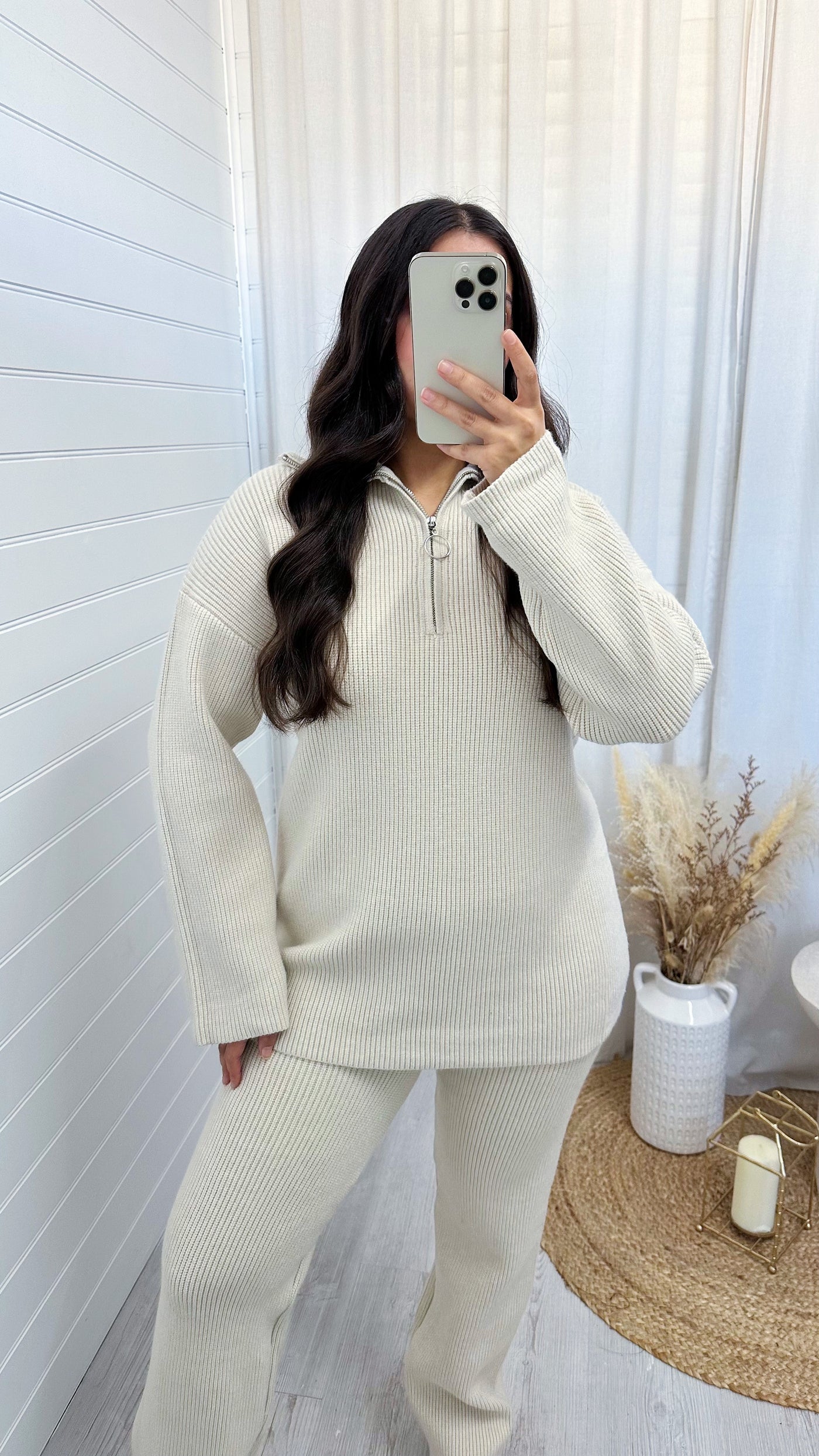 Chunky Knitted Quarter Zip Top and Trousers Co-Ord - CREAM