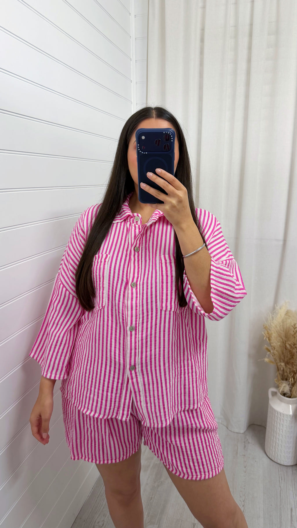Cheesecloth Pinstripe Shirt and Shorts Co-Ord - PINK