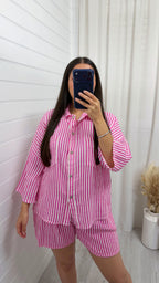 Cheesecloth Pinstripe Shirt and Shorts Co-Ord - PINK
