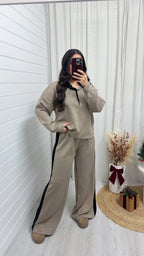 Contrast Collared Shirt and Wide Leg Joggers Co-Ord - MOCHA