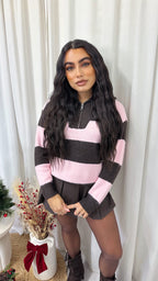 Soft Woollen Stripey Half Zip Jumper - BROWN/PINK