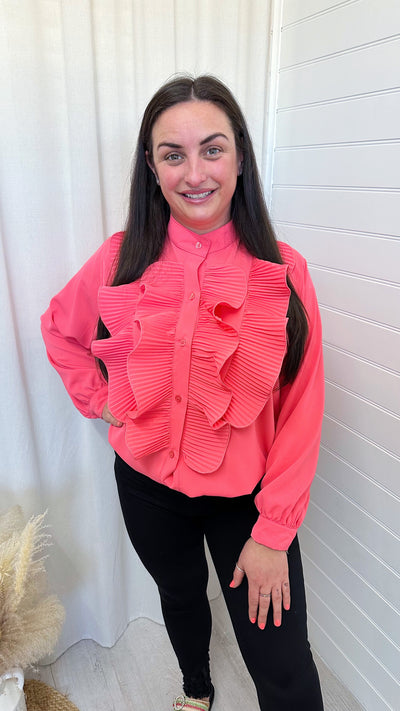 PLUS Pleated Frill Long Sleeve Blouse - CORAL