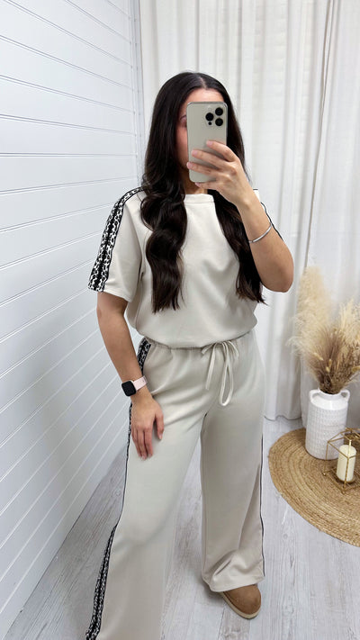 Leopard Trim Plain T-Shirt and Joggers Co-Ord - BEIGE