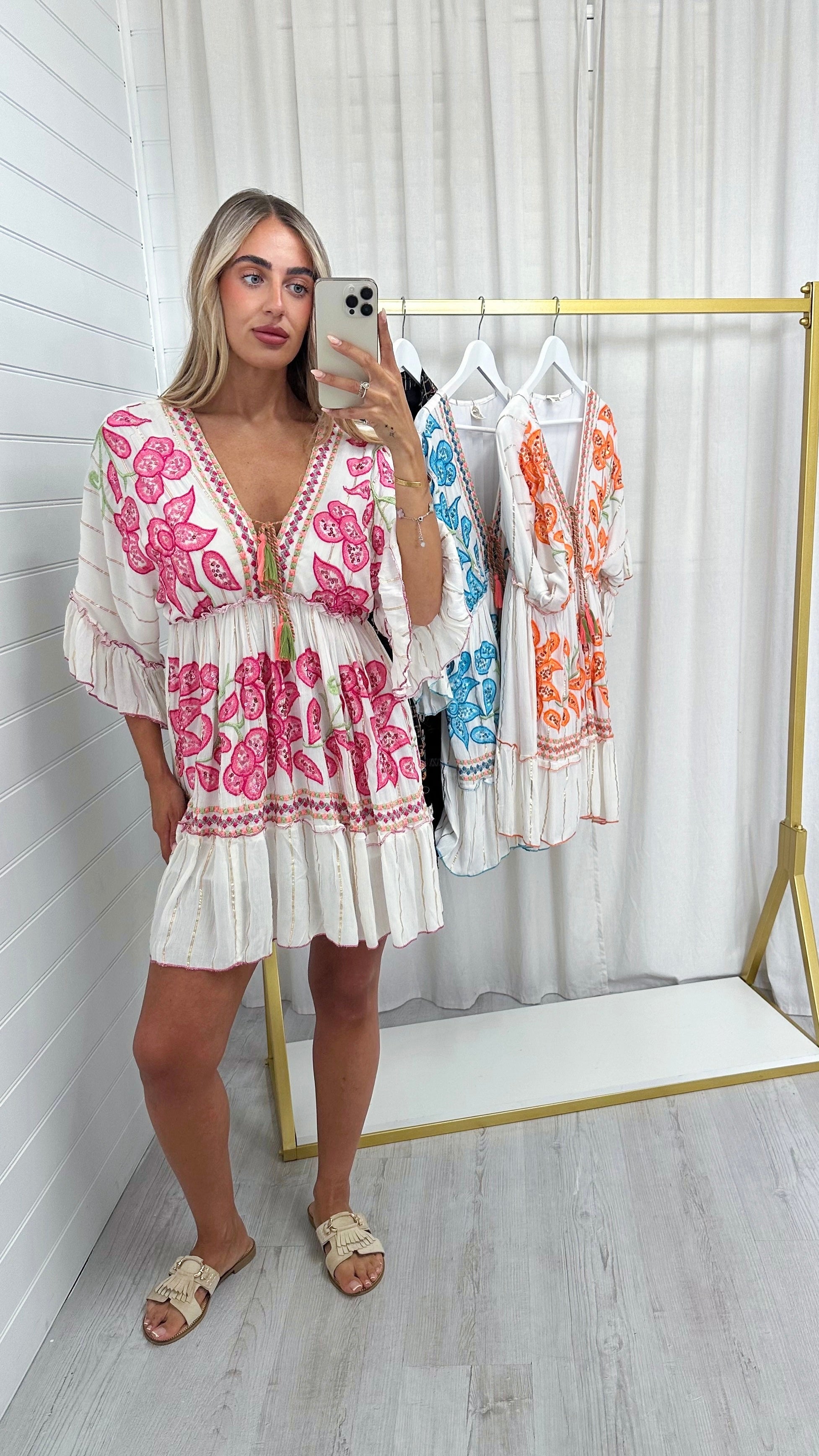 Sequin Floral Boho Dress - PINK
