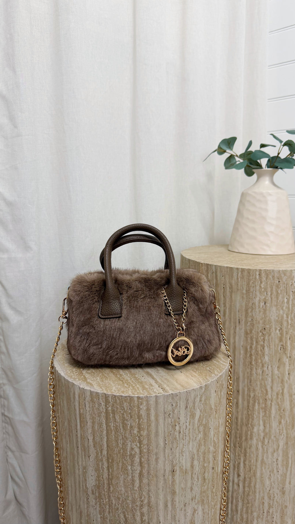 Top Handle Mini Faux Fur Bag - TAUPE