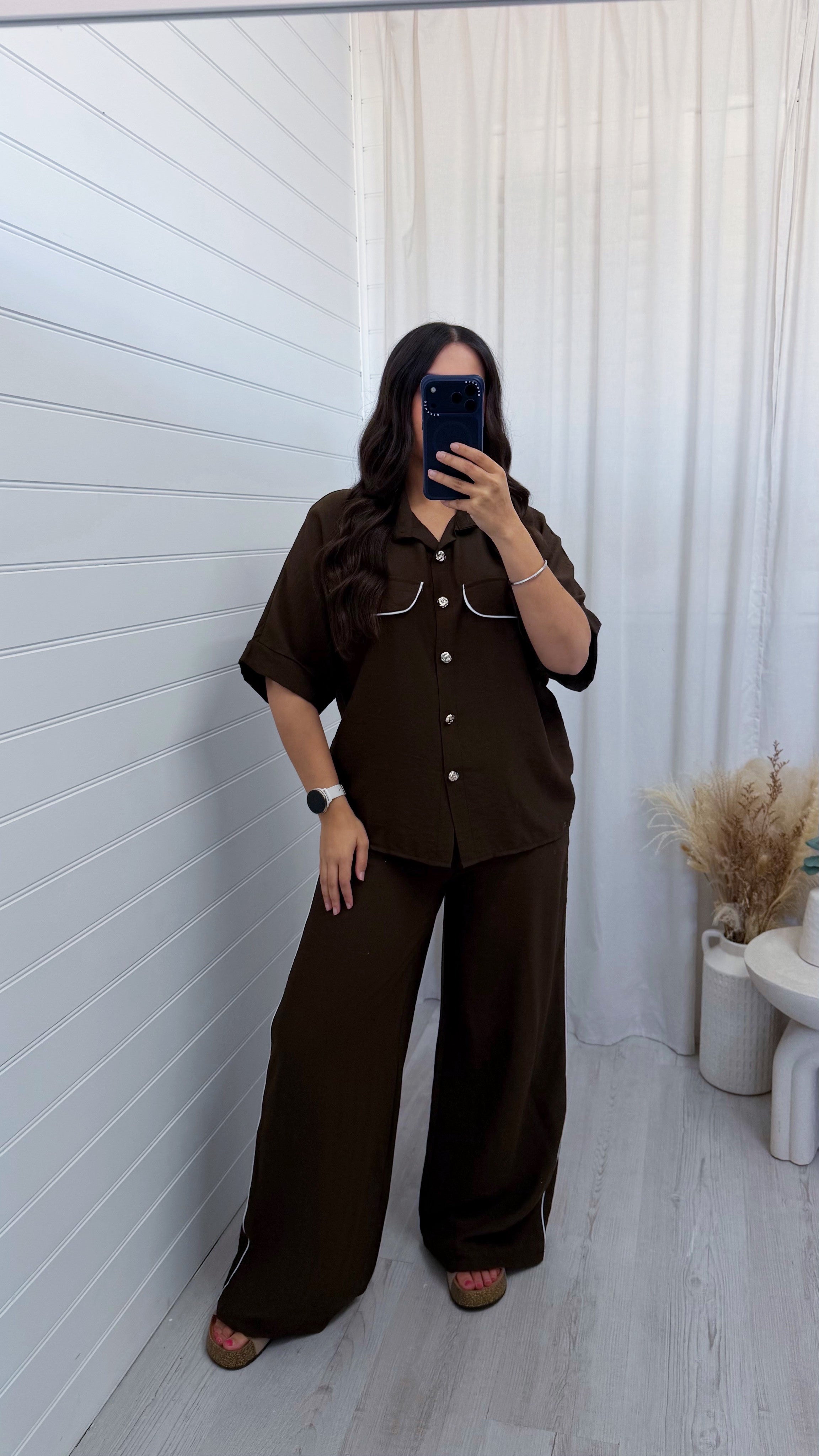 White Piped Shirt and Trousers Co-Ord - BROWN