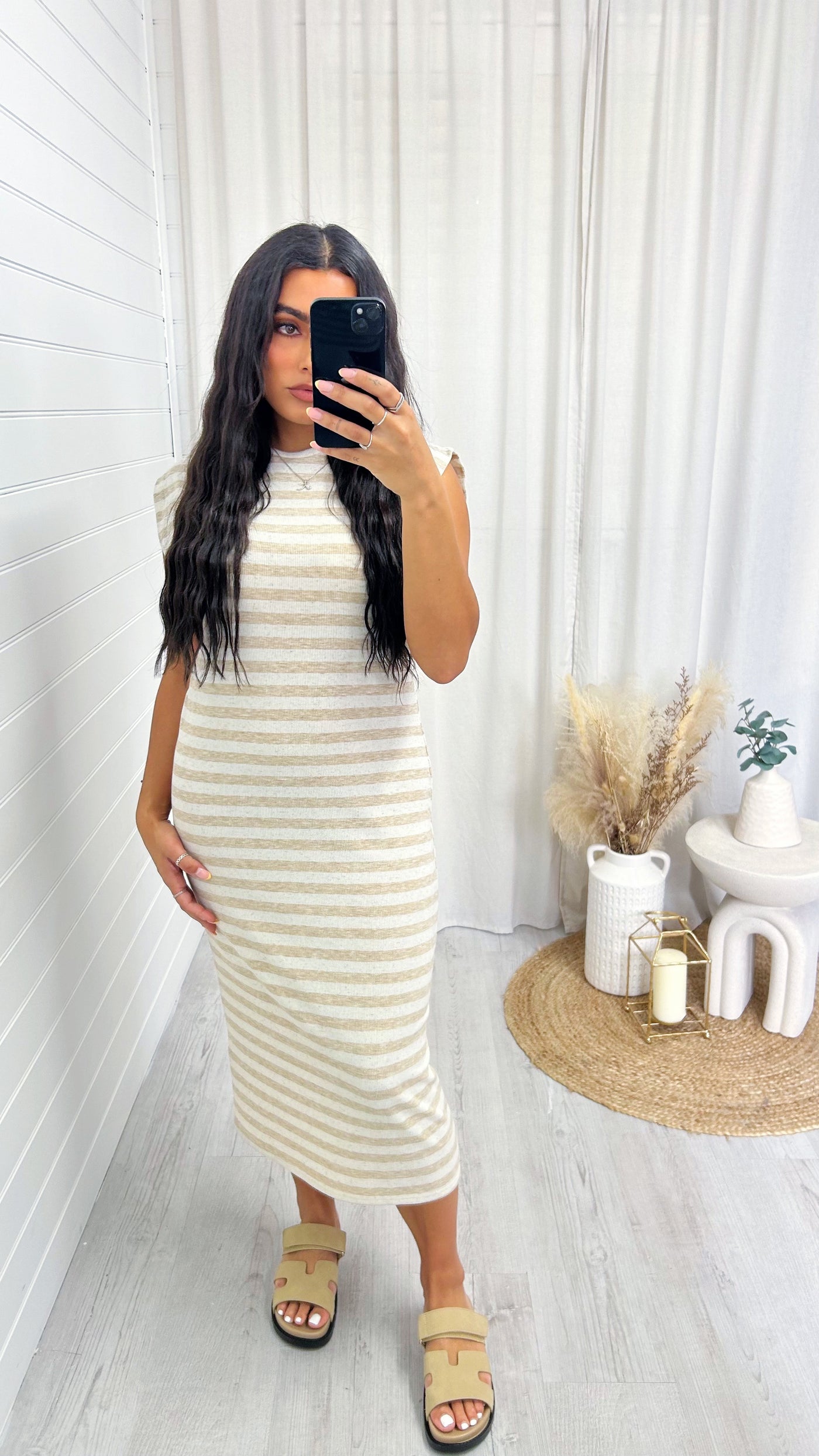 Soft Ribbed Sleeveless Midi Dress - BEIGE STRIPE