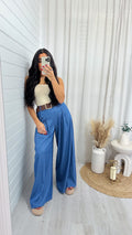 Belted Wide Leg Trousers - DENIM BLUE