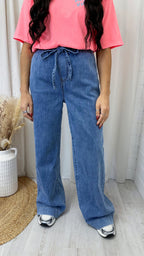 Drawstring Waist Wide Leg Jeans - DARK DENIM