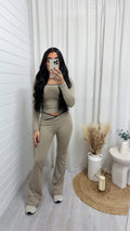 Long Sleeve Top and Wrap Over Flares Gym Set - MOCHA