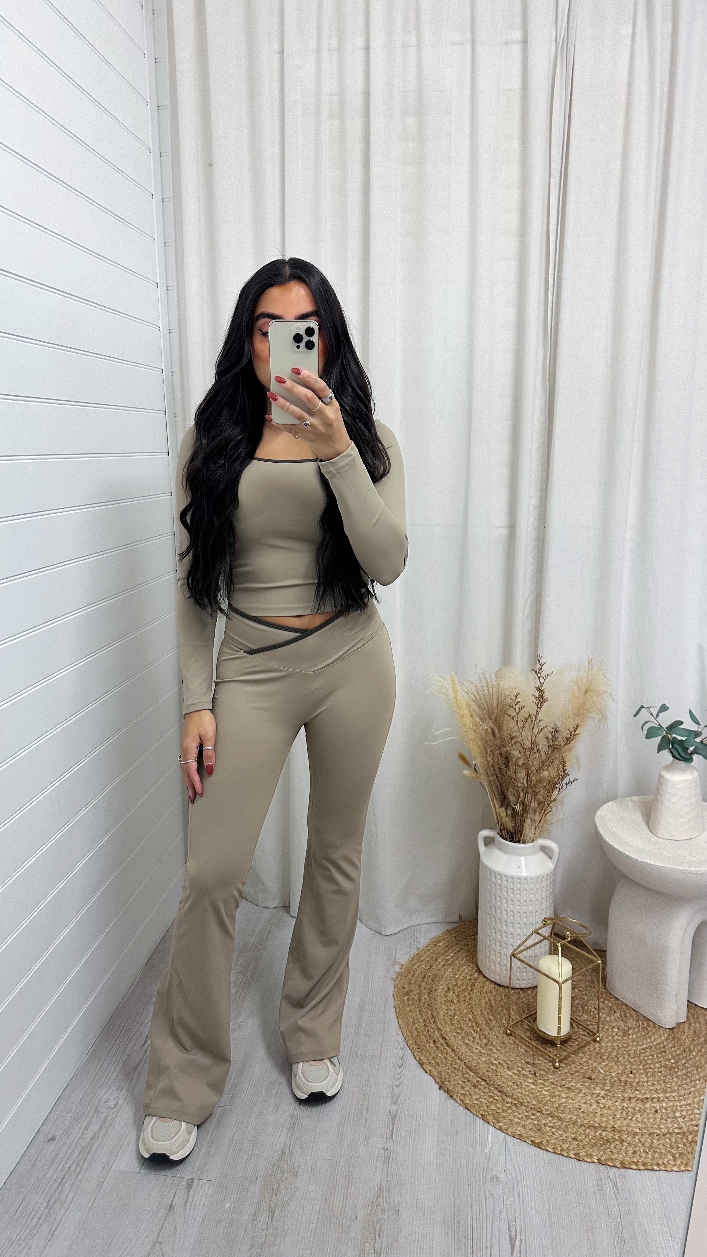 Long Sleeve Top and Wrap Over Flares Gym Set - MOCHA