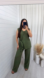 Wrap Over Sleeveless Top and Trousers Co-Ord - KHAKI