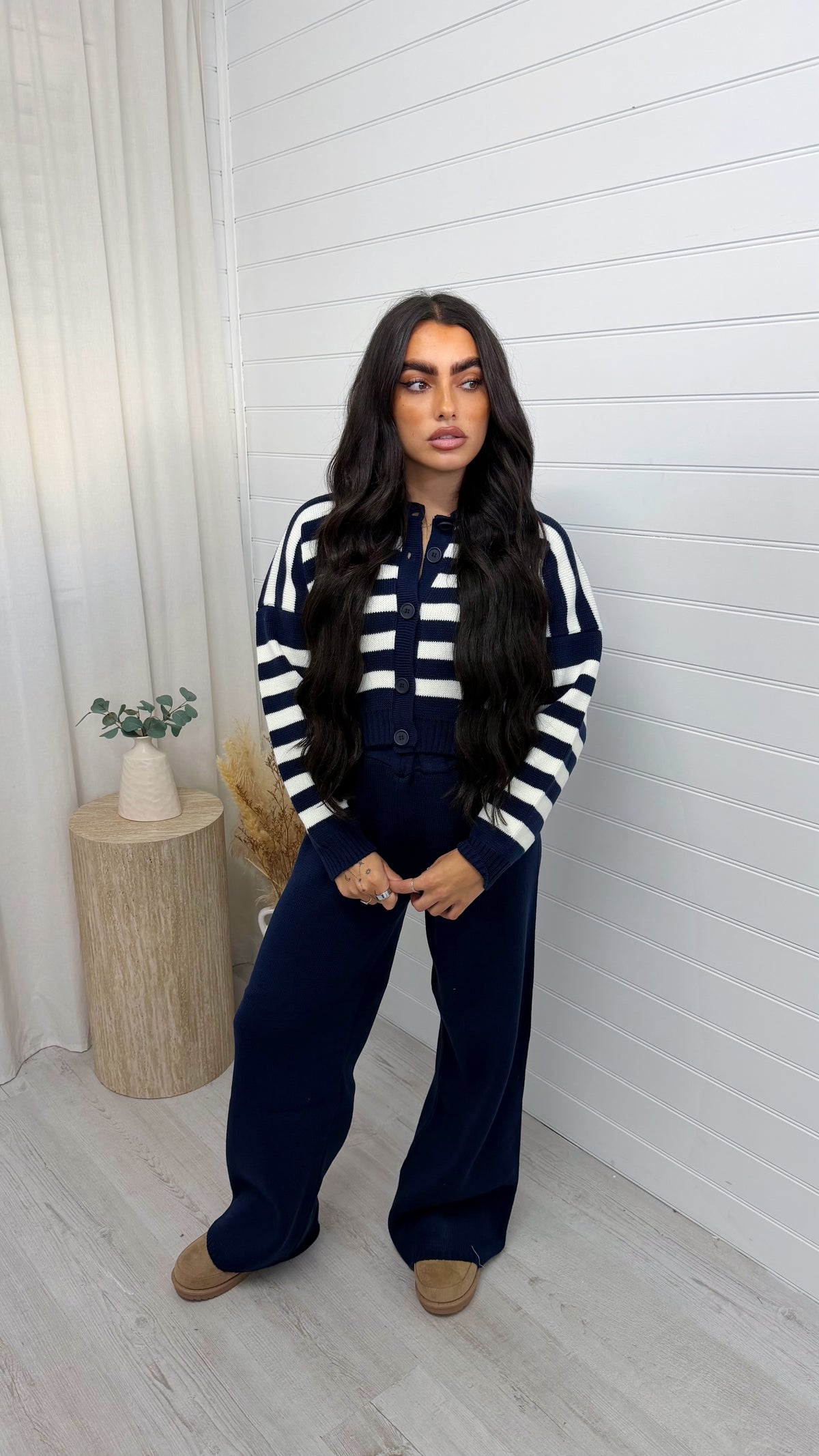 Stripe Knitted Cardigan and Trousers Co-Ord - NAVY