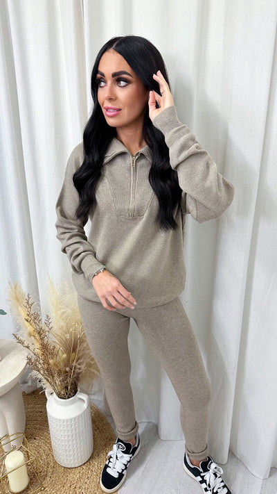 Soft Knit Half Zip Jumper and Leggings Co-Ord - TAUPE