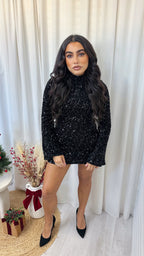 Velvet Sequin Bell Sleeve Dress - BLACK