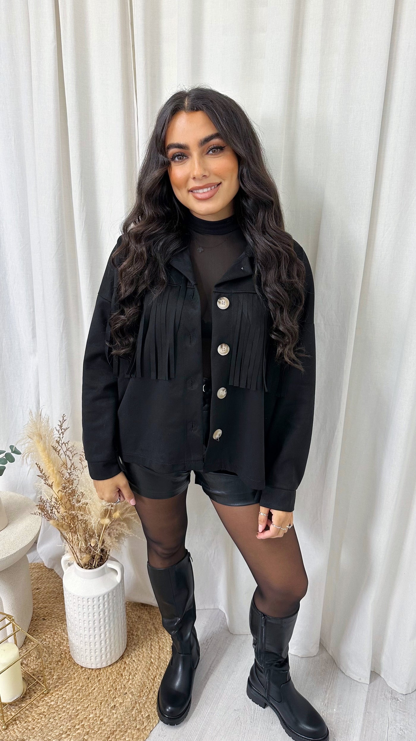 Suede Tassel Trim Jacket - BLACK
