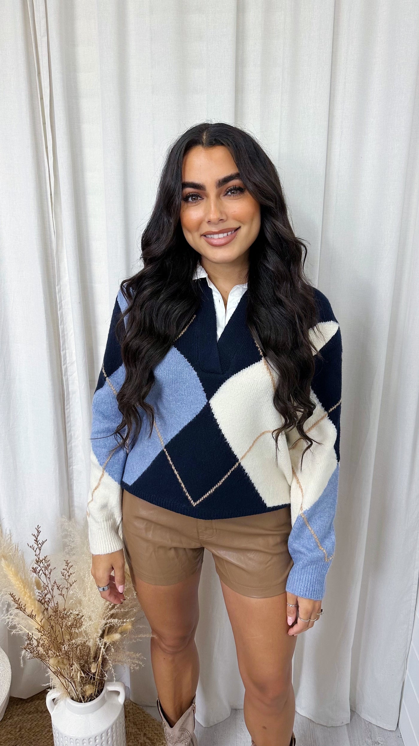 Argyle Knitted Insert Jumper - BLUE