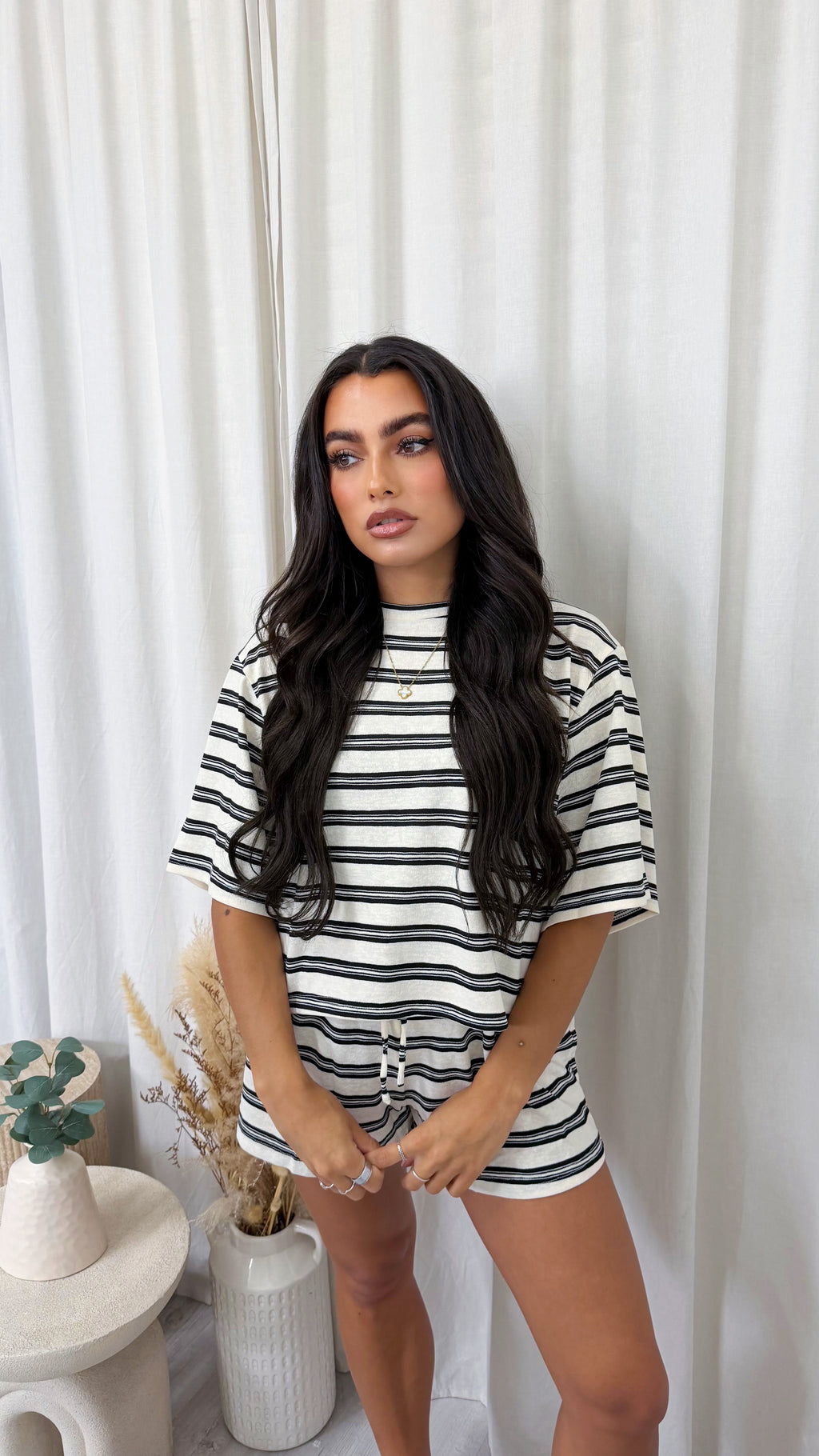 Stripey Cotton Crop Top and Shorts Co-Ord - WHITE