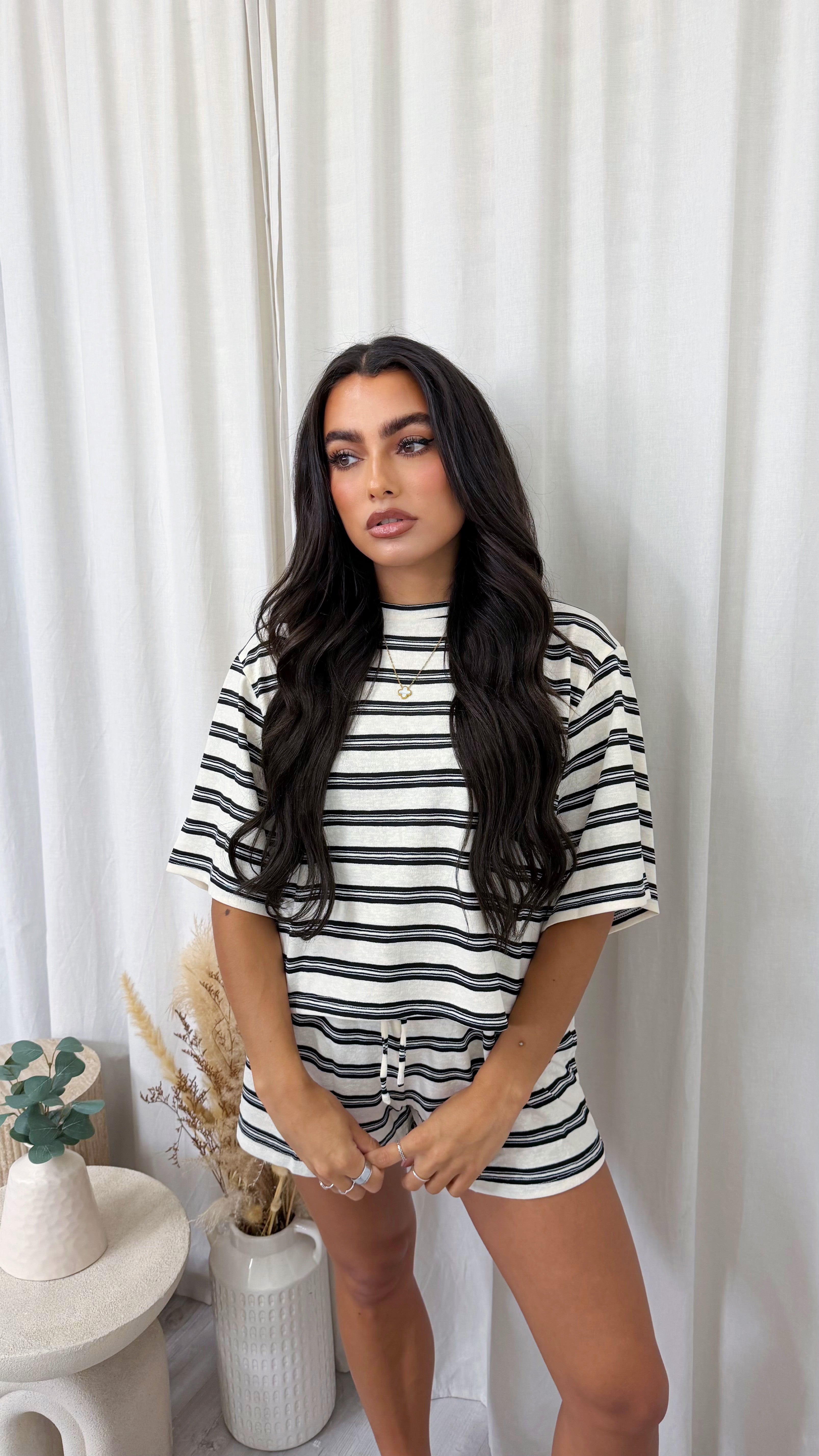 Stripey Cotton Crop Top and Shorts Co-Ord - WHITE