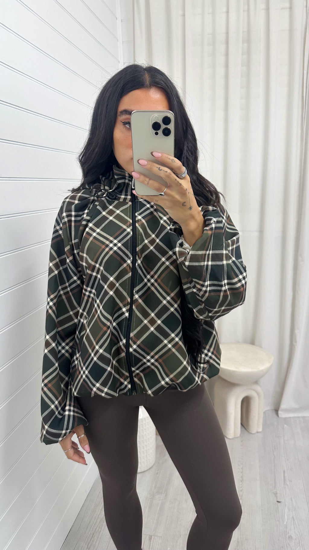 Large Check Print Bomber Jacket - KHAKI