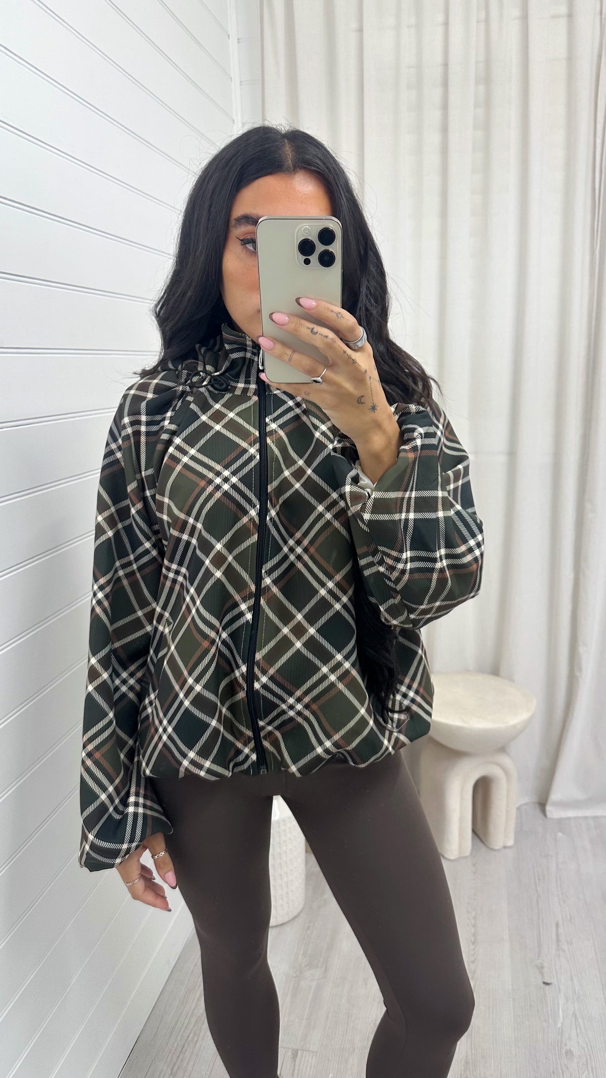 Large Check Print Bomber Jacket - KHAKI
