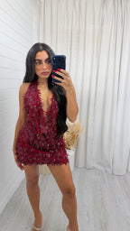Cowl Neck Sequin Top and Skirt Set - BURGUNDY