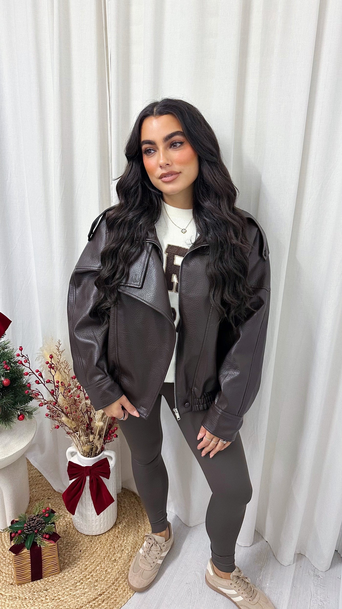 Relaxed Fit Lapel PU Leather Jacket - BROWN