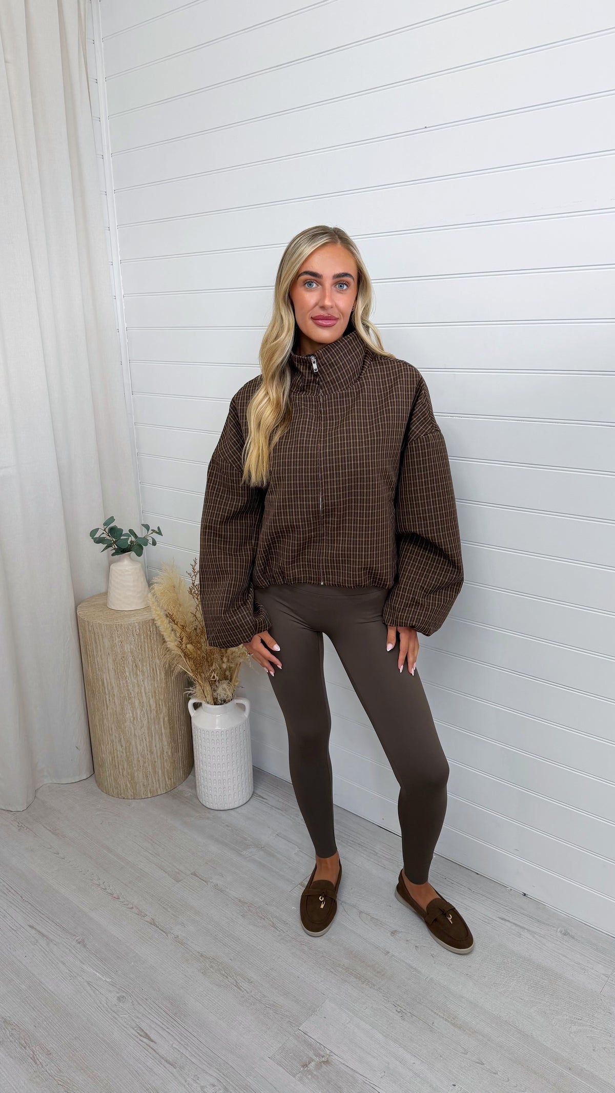 High Neck Check Bomber Jacket - BROWN