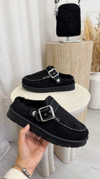 Buckle Strap Faux Fur Loafers - BLACK