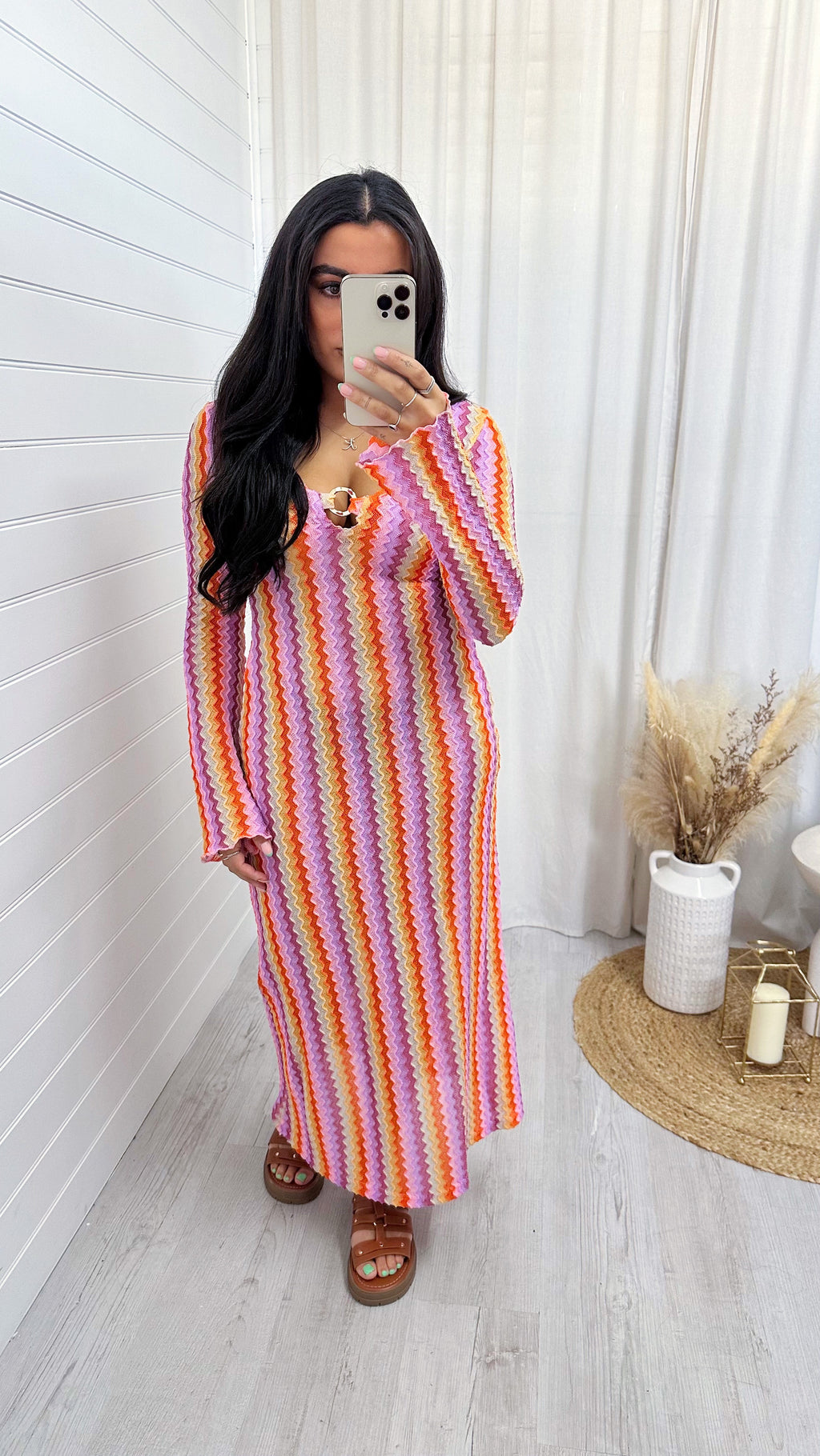 Zig Zag Ring Neck Maxi Dress PINK