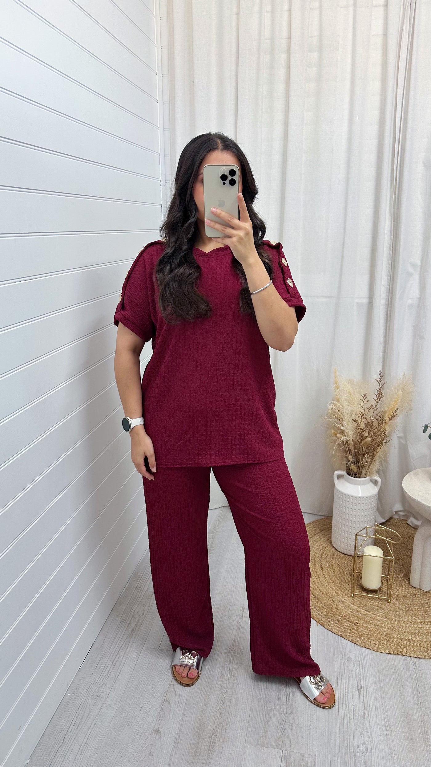 Cheesecloth Gold Button T-Shirt and Trousers Co-Ord - WINE