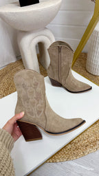 Embroidered Suede Cowboy Boots - DARK BEIGE