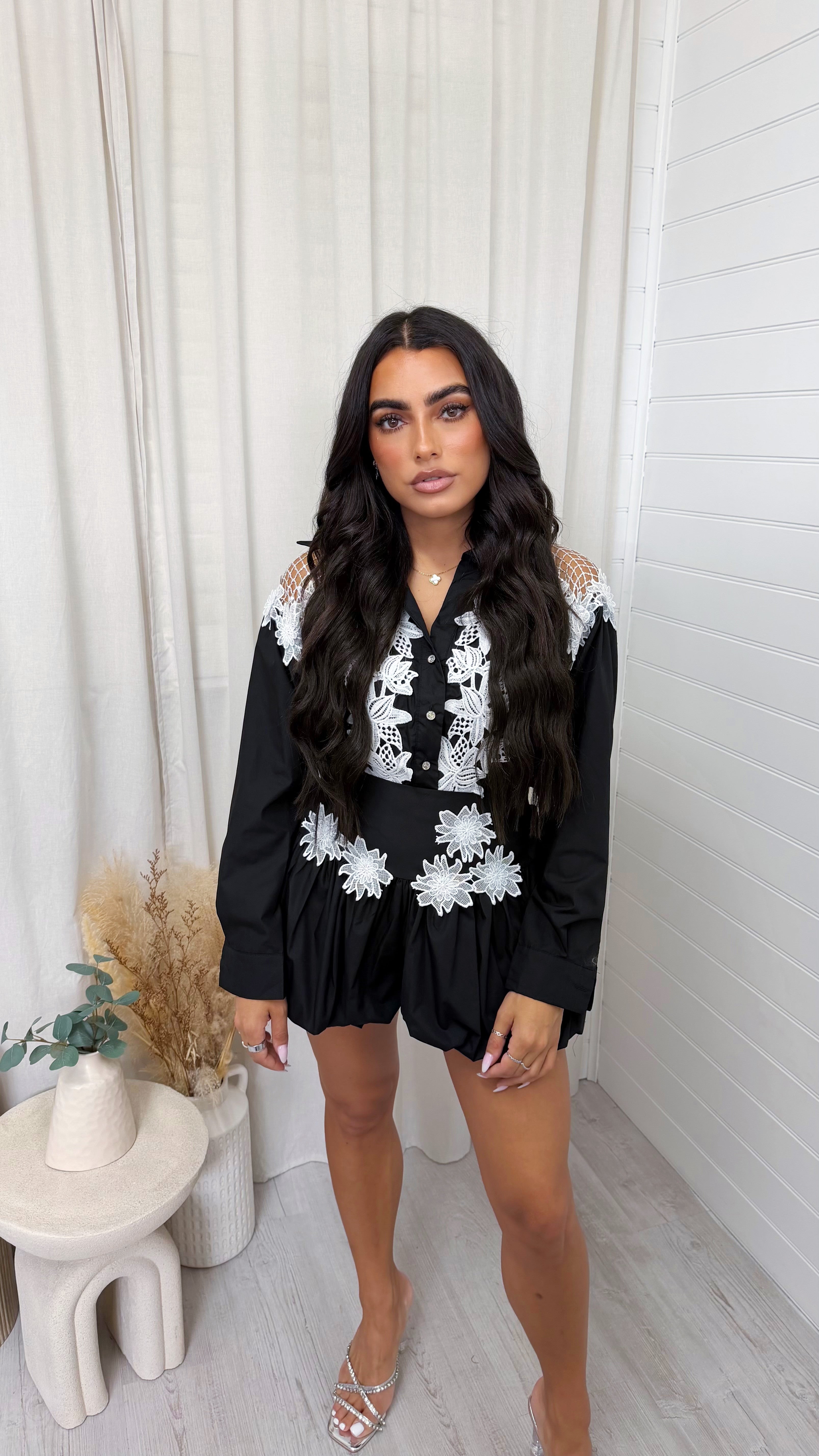Floral Applique Shirt and Puffball Shorts Co-Ord - BLACK