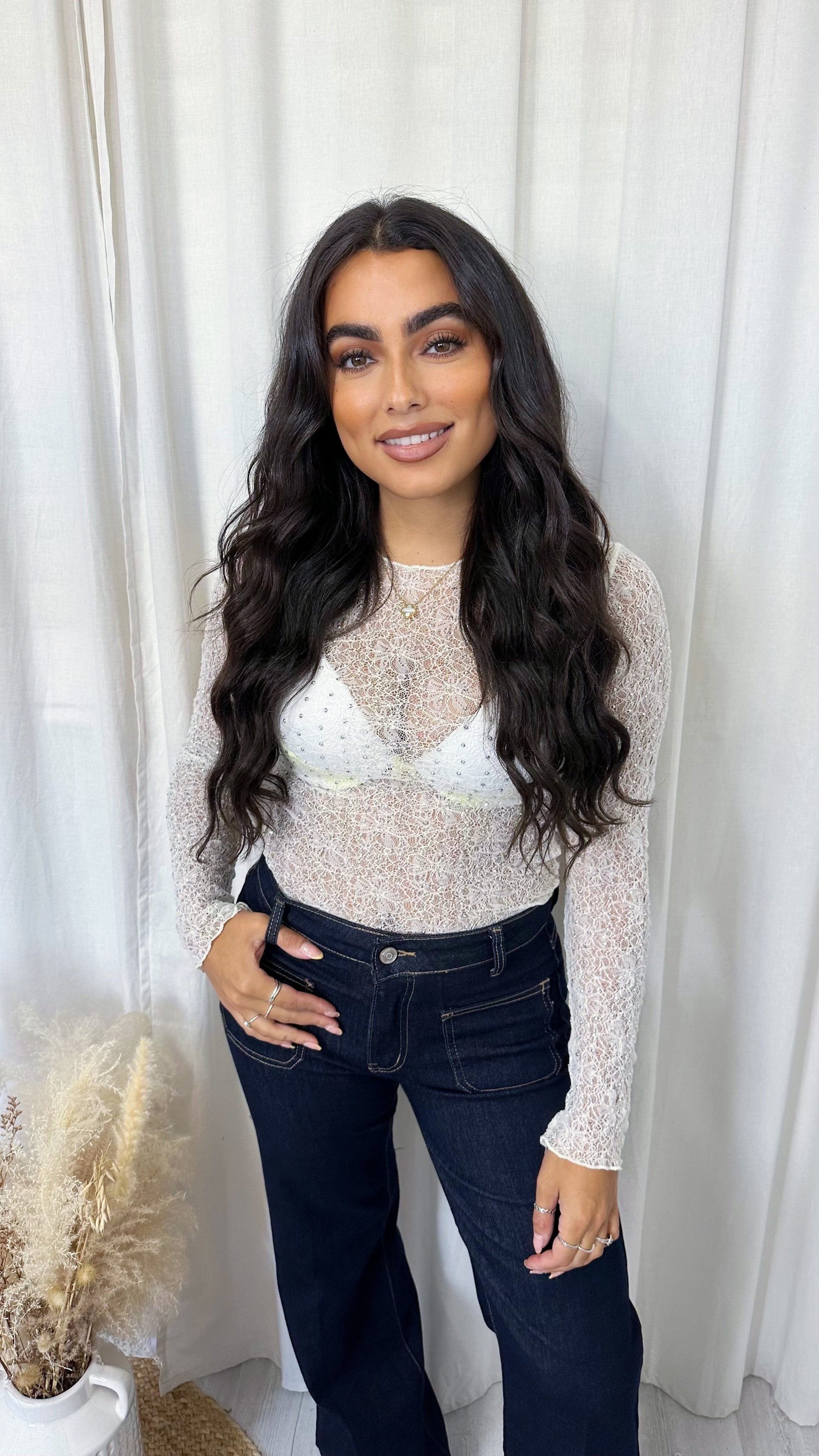 Rhinestone Lace Long Sleeve Top - WHITE