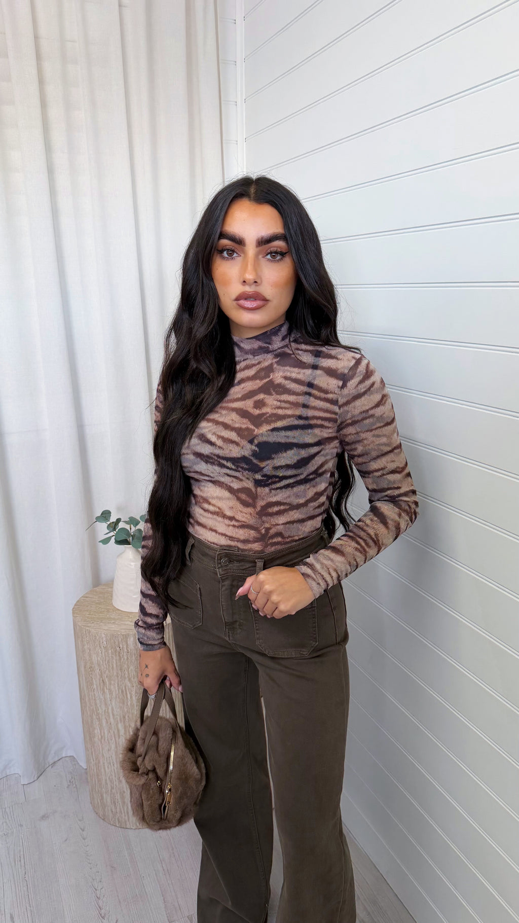 Zebra Print Mesh Bodysuit - BEIGE