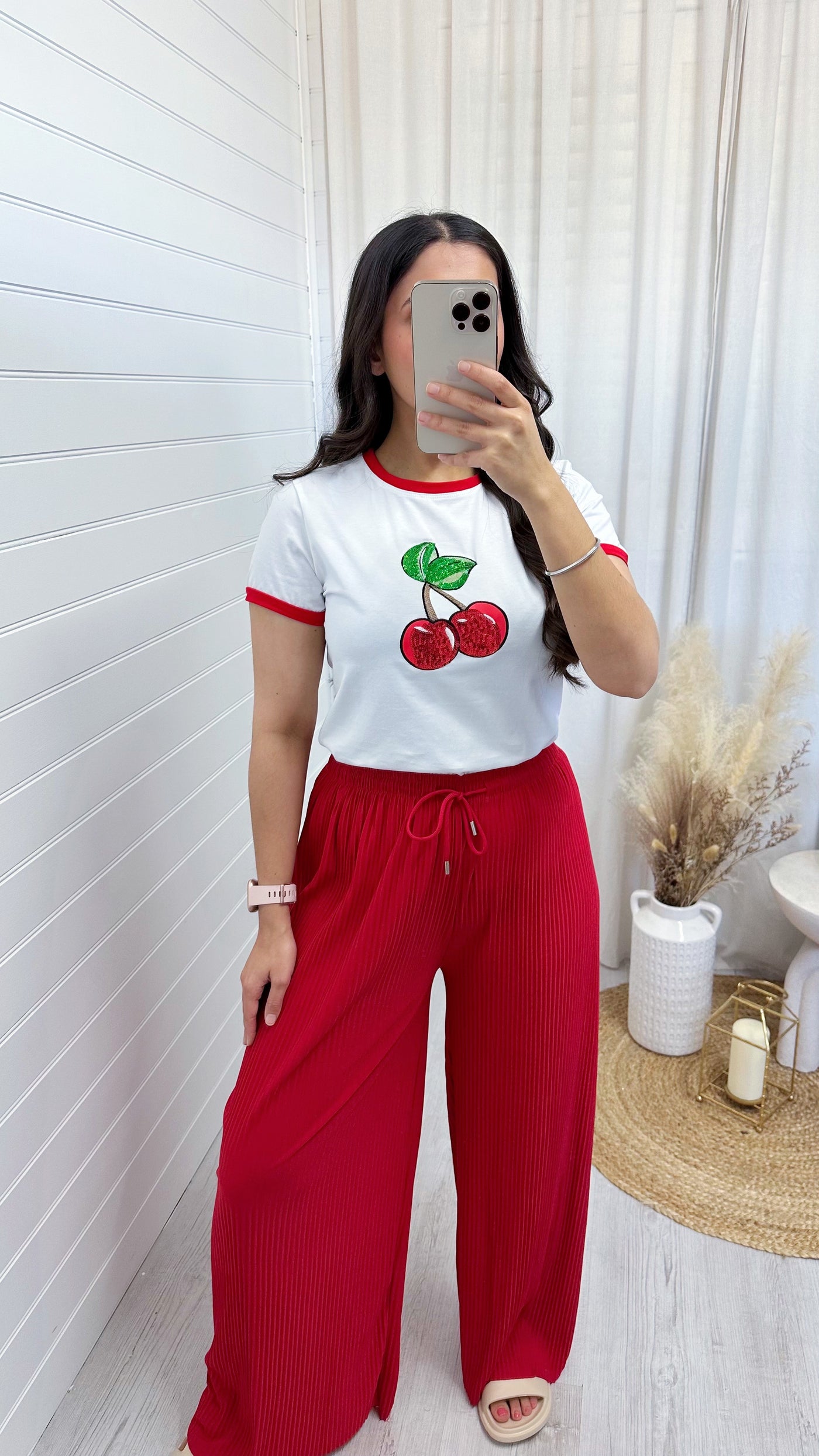 Red Trim Sequin Cherry T-Shirt - WHITE