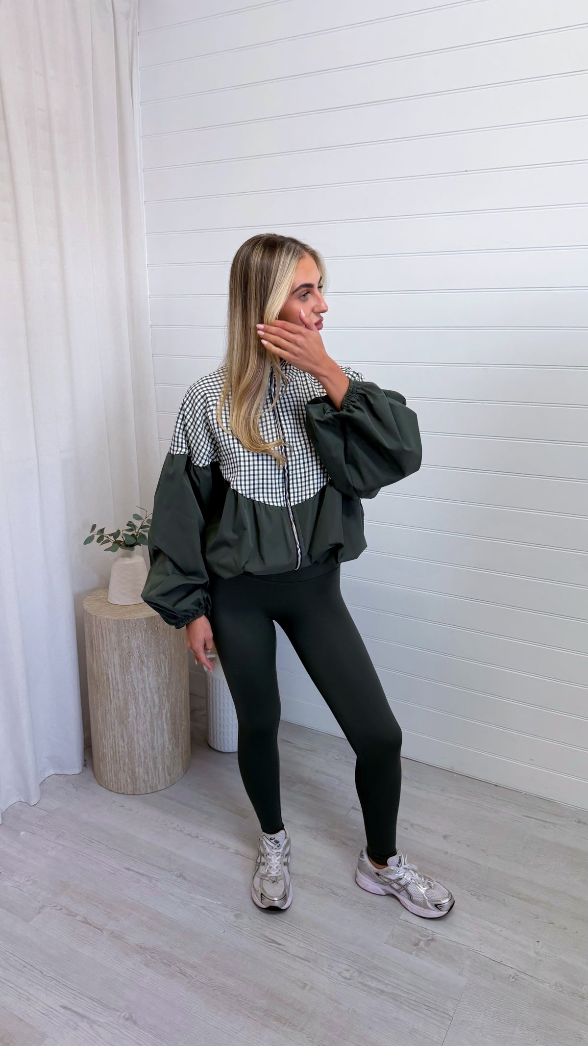 Gingham Puff Ball Jacket - KHAKI