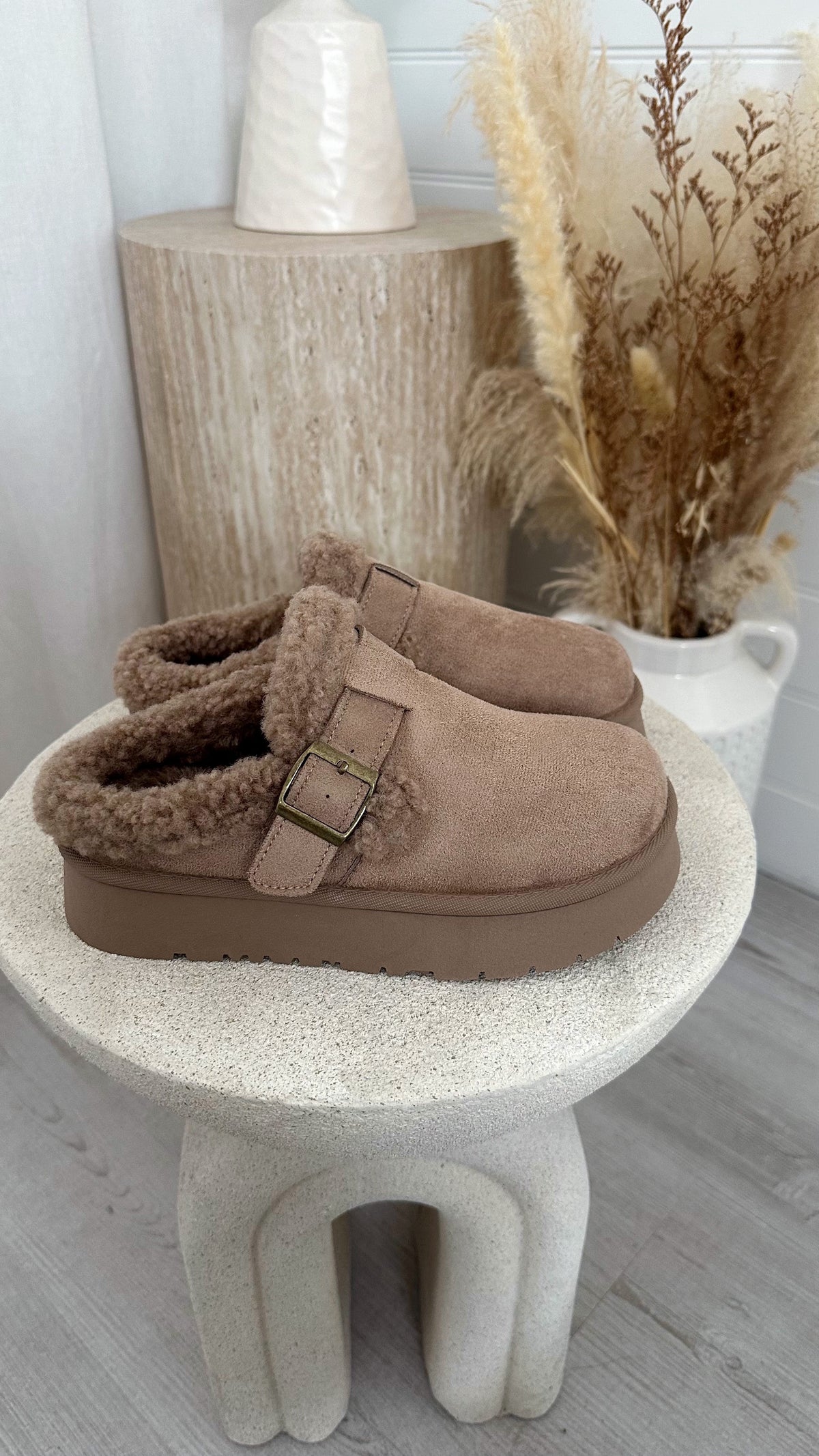 Suede Buckle Strap Platform Slippers - KHAKI