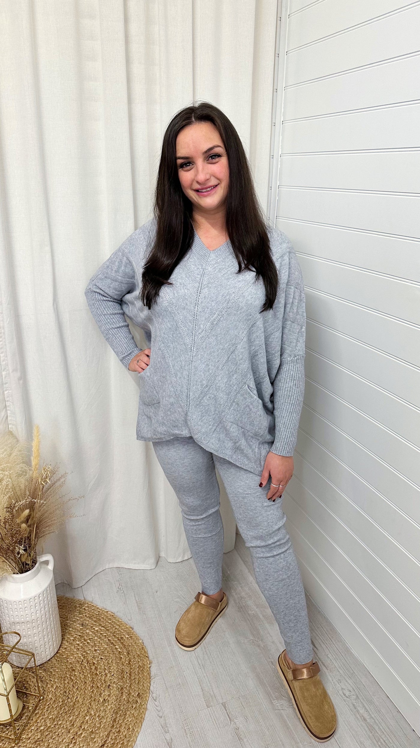 PLUS V Neck Knitted Jumper and Leggings Co-Ord - GREY