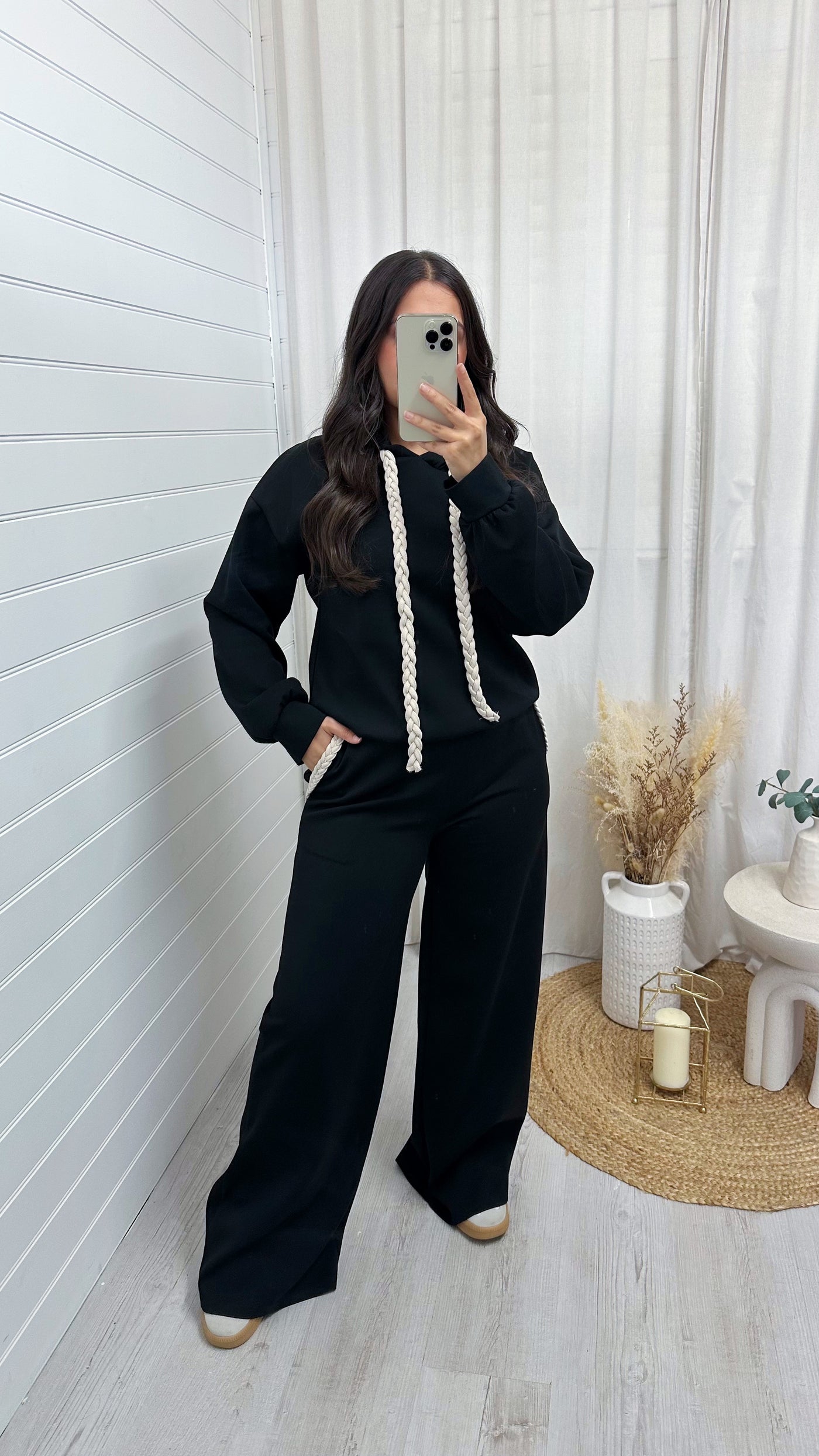 Rope Lace Hoodie and Wide Leg Joggers Co-Ord - BLACK