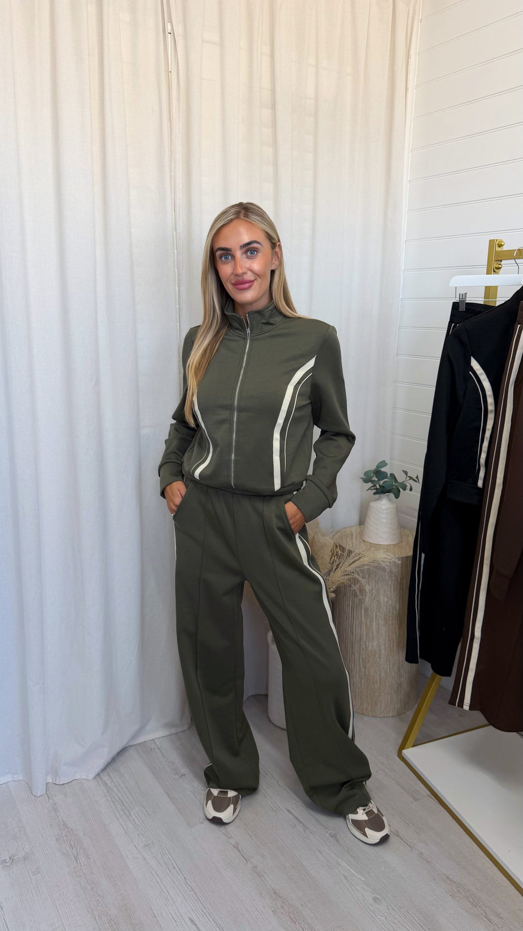 Contrast Stripe Jacket and Joggers Tracksuit - KHAKI