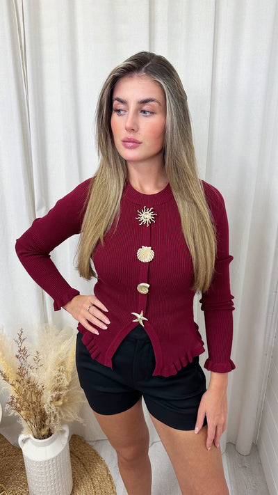 Seashell Button Long Sleeve Jumper - WINE