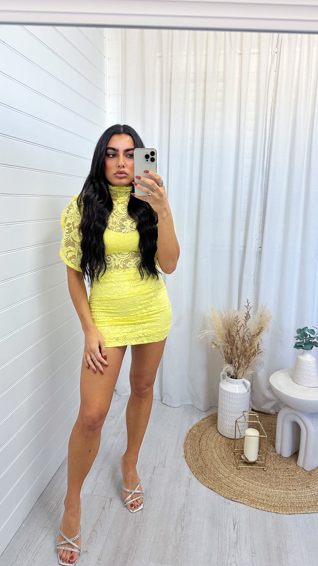 Lace Ruched Shoulder Padded Mini Dress - LEMON