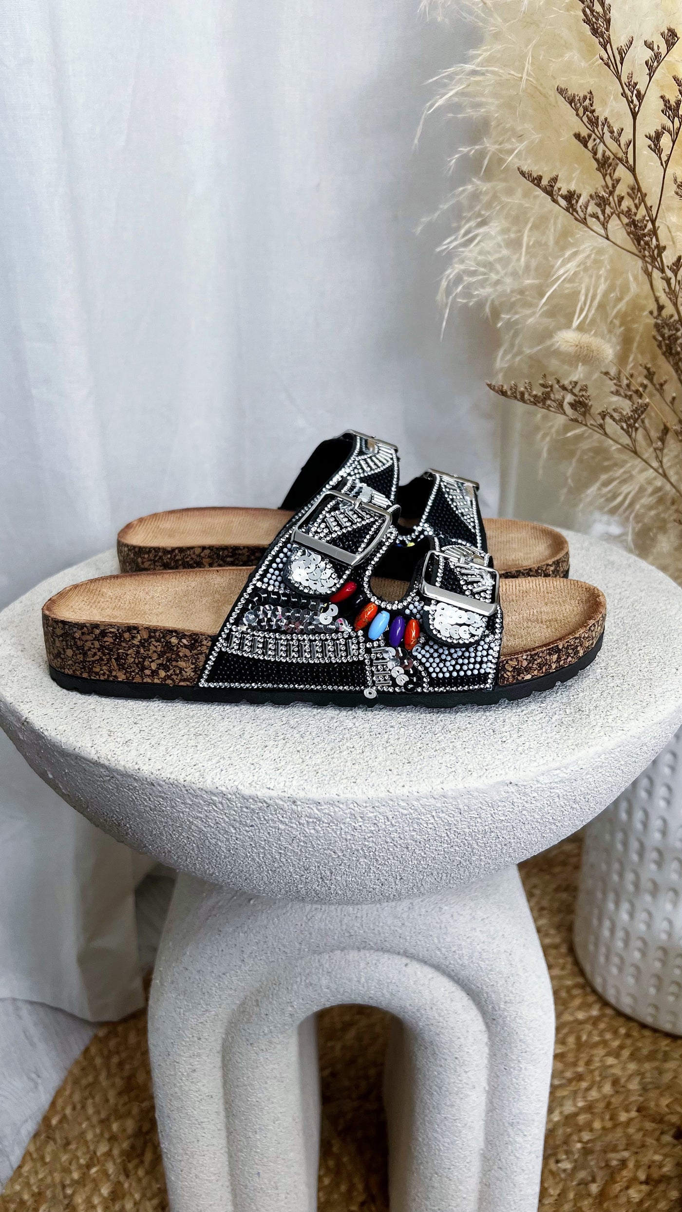 Boho Beaded Silver Buckle Sliders - BLACK