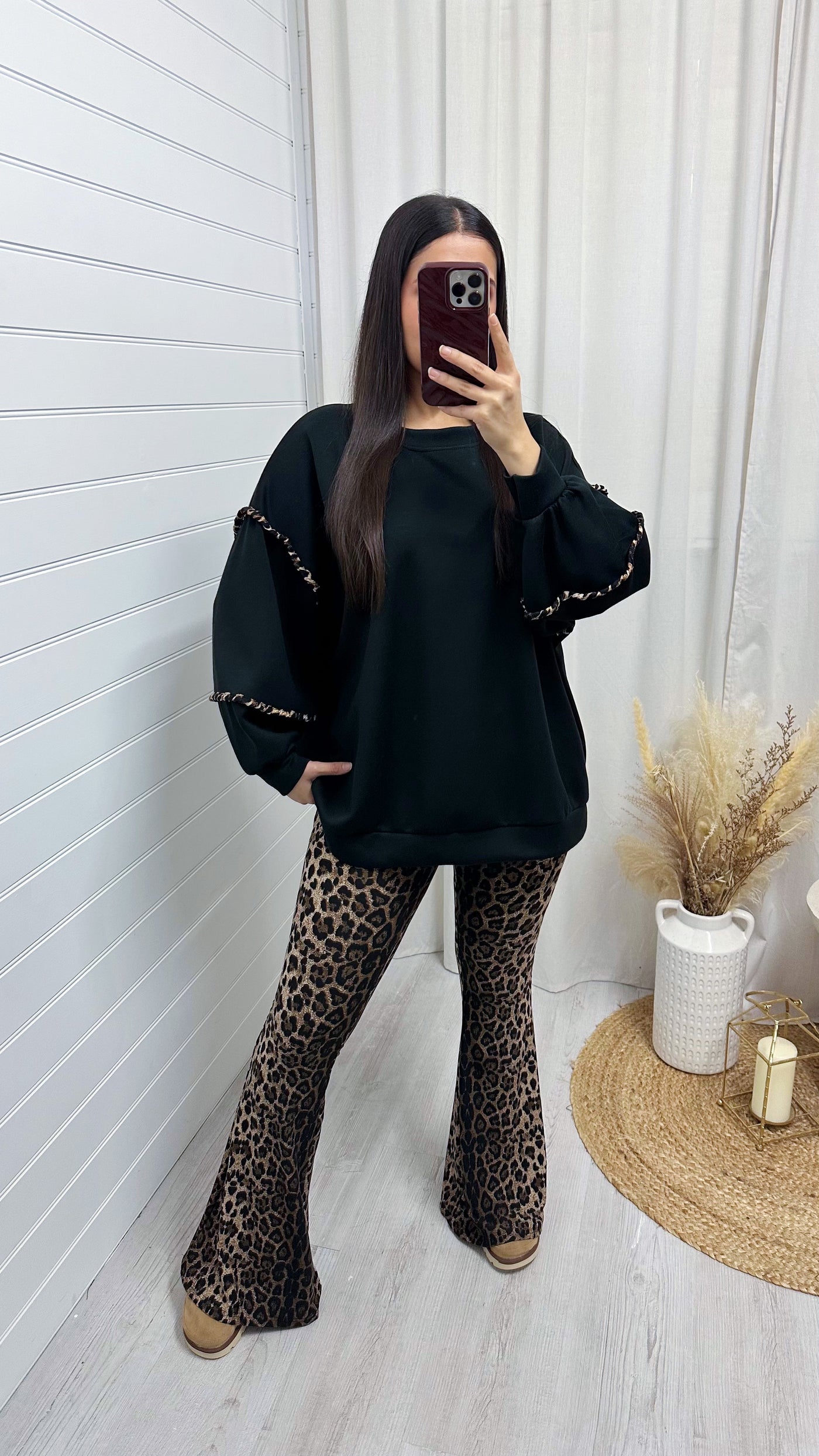 Leopard Trim Balloon Sleeve Sweatshirt - BLACK