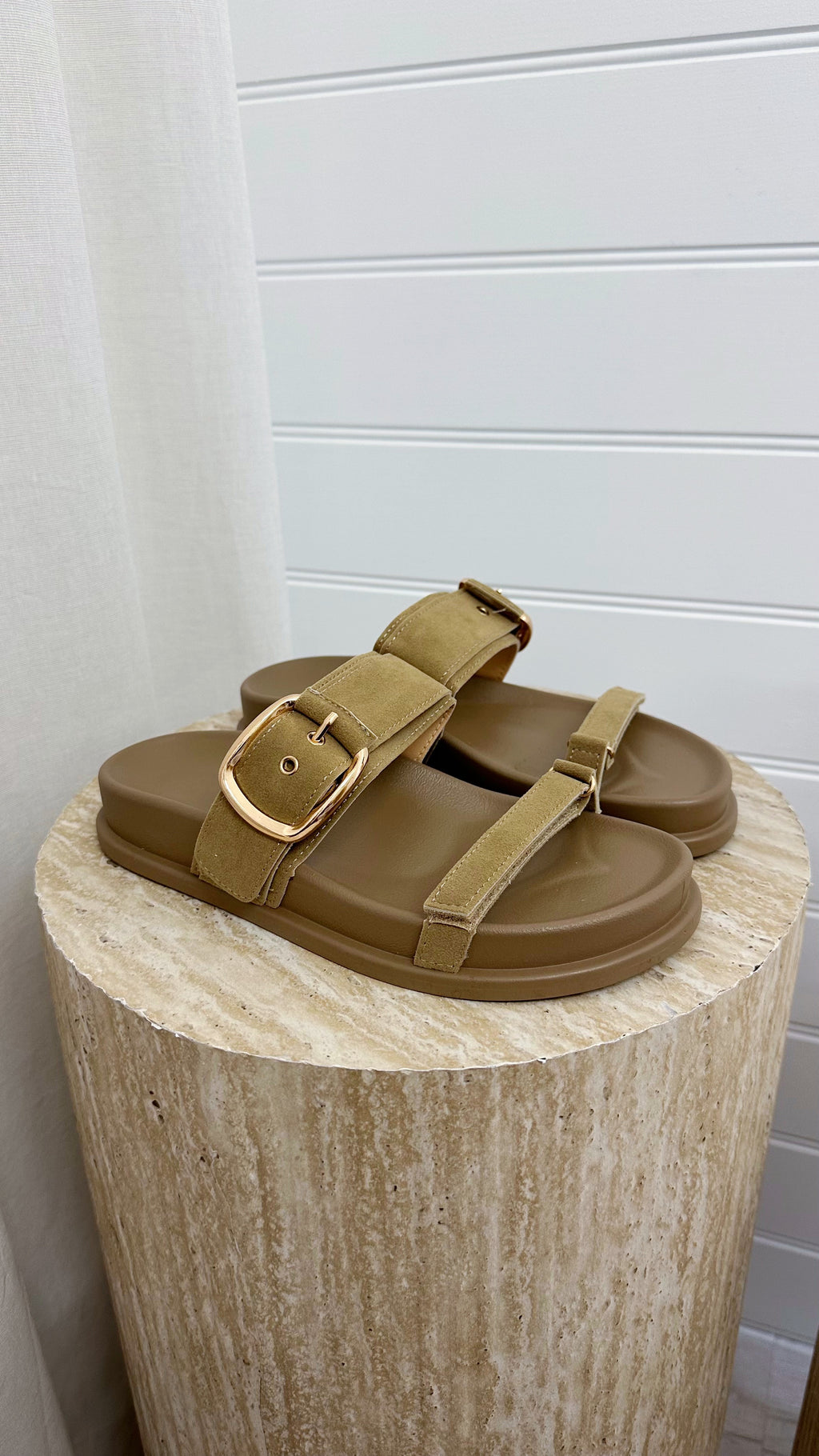 Buckle Strap Suede Sliders - BEIGE
