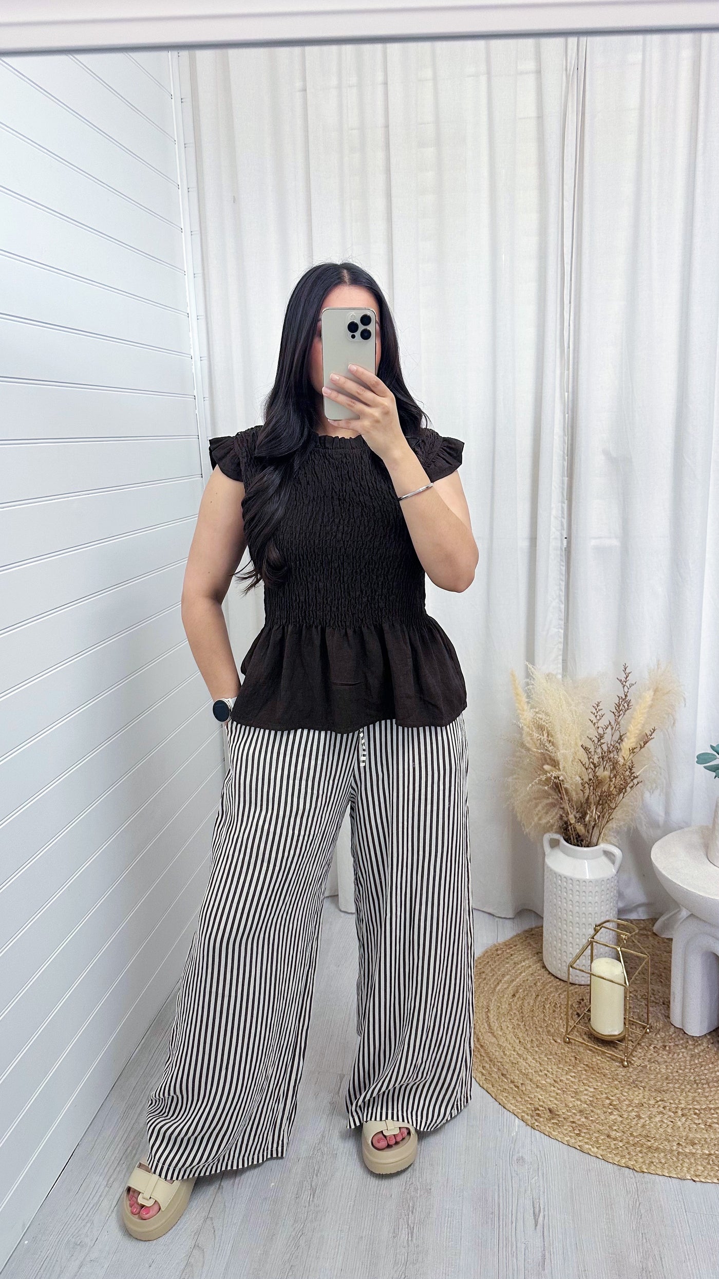 Pinstripe Linen Wide Leg Trousers - BROWN