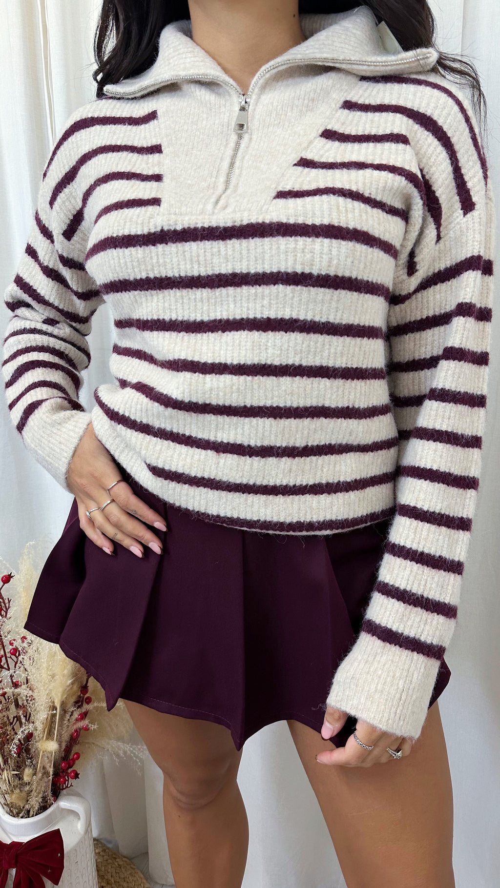 Half Zip Woollen Stripey Jumper - WINE/BEIGE