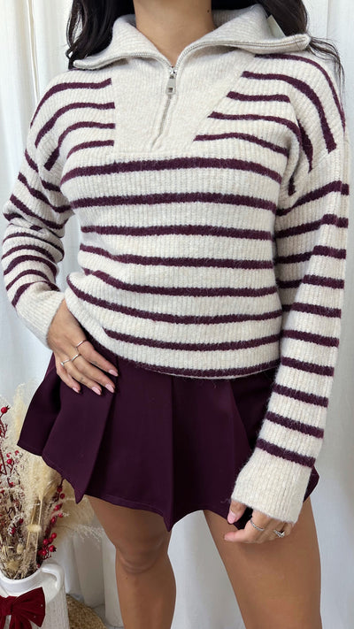 Half Zip Woollen Stripey Jumper - WINE/BEIGE
